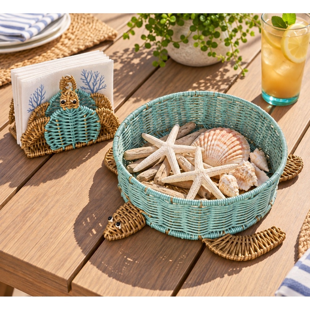 Wicker Sea Turtle Basket Napkin Holder Set Blue Tan Coastal Decor Beach Home